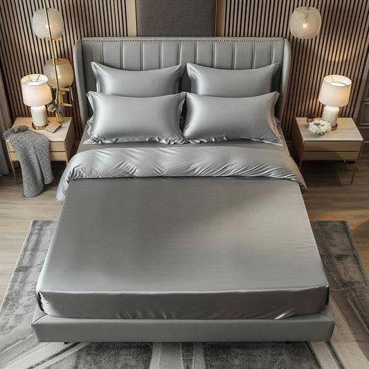 Grey Premium Satin Elastic Fitted Bedsheet with 2 Pillow Covers | Luxury Soft Satin Bed Sheet Set | General Store India
