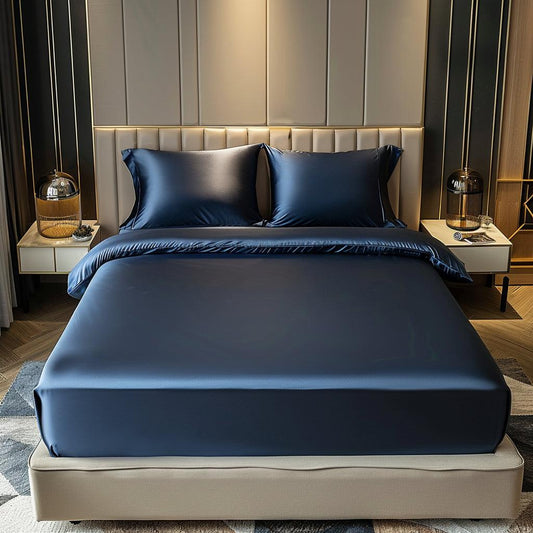 Blue Premium Satin Elastic Fitted Bedsheet with 2 Pillow Covers | Luxury Soft Satin Bed Sheet Set | General Store India