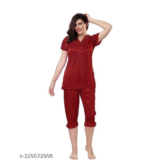Women Night Suit Maroon | Comfortable Cotton Sleepwear Set for Ladies | Stylish Nightwear | General Store India