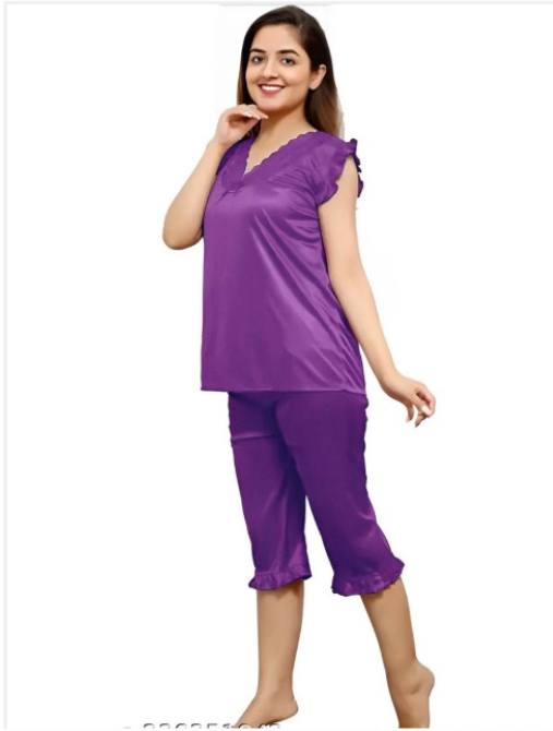 Women Night Suit Purple | Comfortable Cotton Sleepwear Set for Ladies | Stylish Nightwear | General Store India