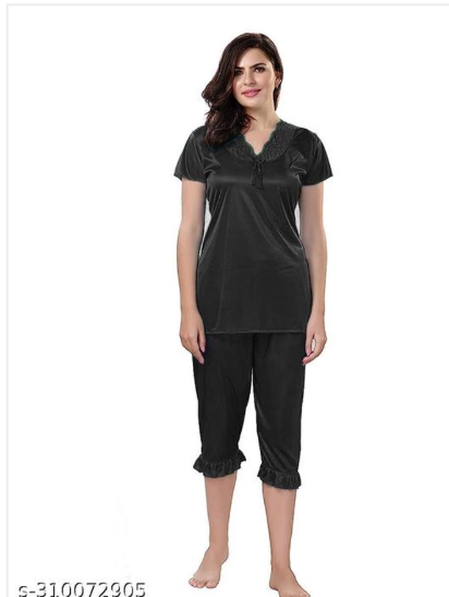 Women Night Suit Black | Comfortable Cotton Sleepwear Set for Ladies | Stylish Nightwear | General Store India