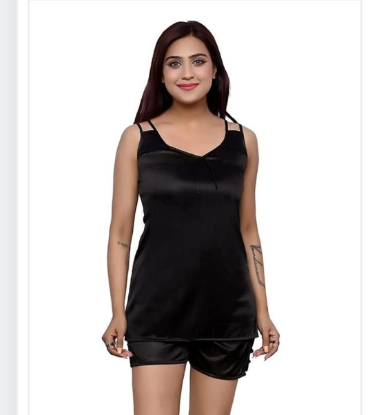Satin Nightdress Set for Women Black | Elegant Soft Sleepwear Set | General Store India