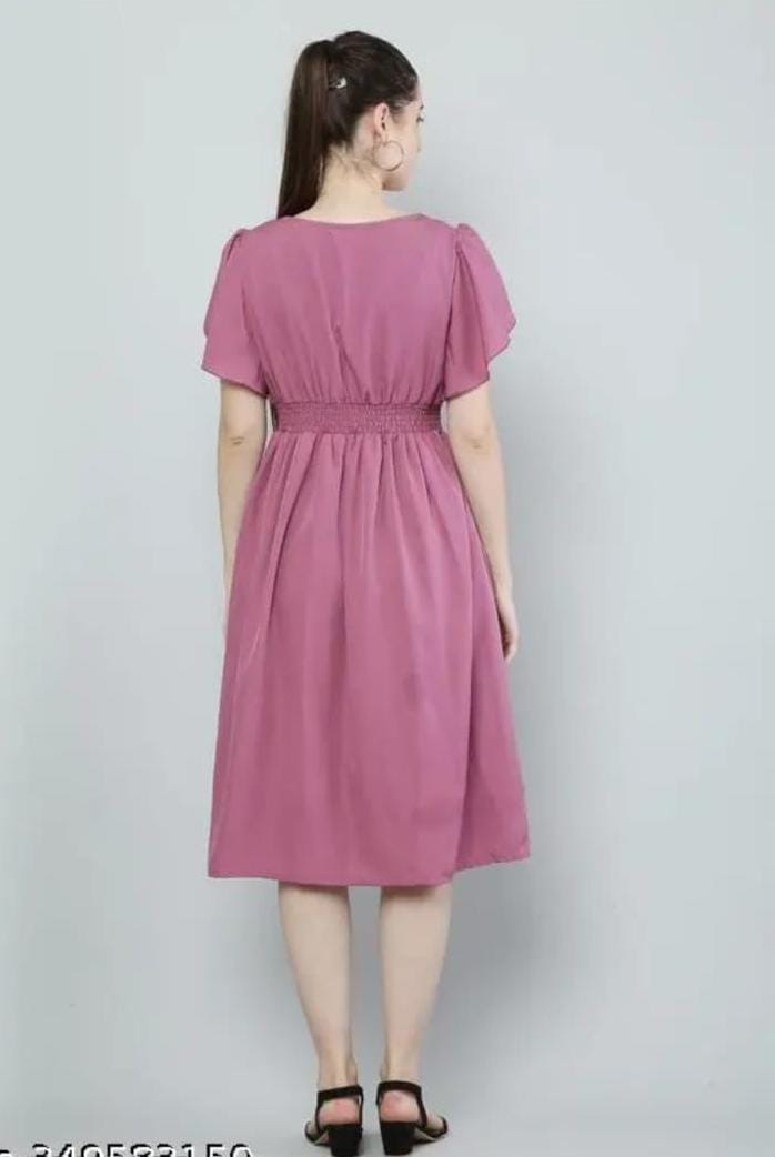 Women Pink Solid Viscose Rayon Fit & Flare Dress | Stylish Casual Party Dress | General Store India