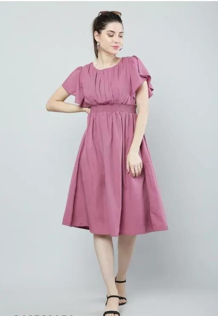 Women Pink Solid Viscose Rayon Fit & Flare Dress | Stylish Casual Party Dress | General Store India