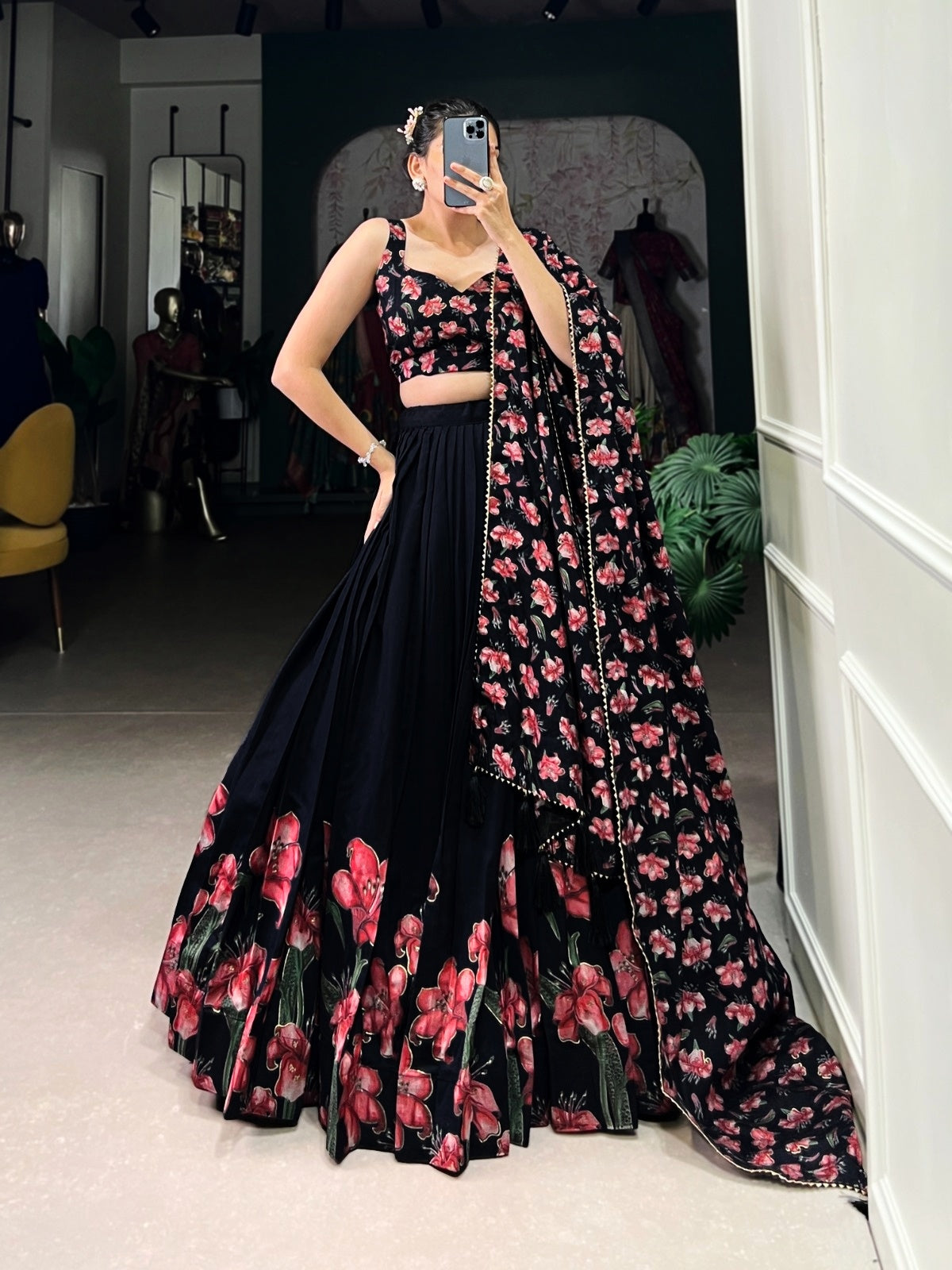 Black Floral Print Lehenga Choli with Foil Work | Dola Silk Lehenga Set for Women | General Store India