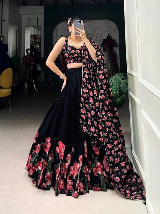 Black Floral Print Lehenga Choli with Foil Work | Dola Silk Lehenga Set for Women | General Store India