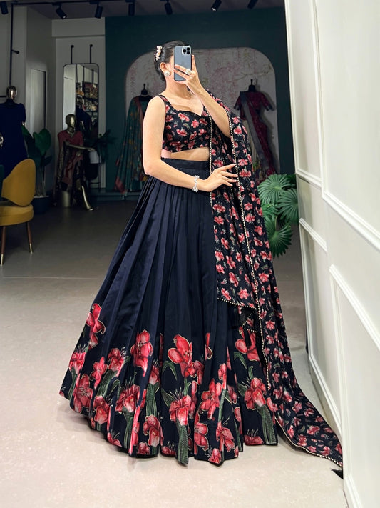 Navy Blue Floral Print Lehenga Choli with Foil Work | Dola Silk Festive Lehenga Set | General Store India