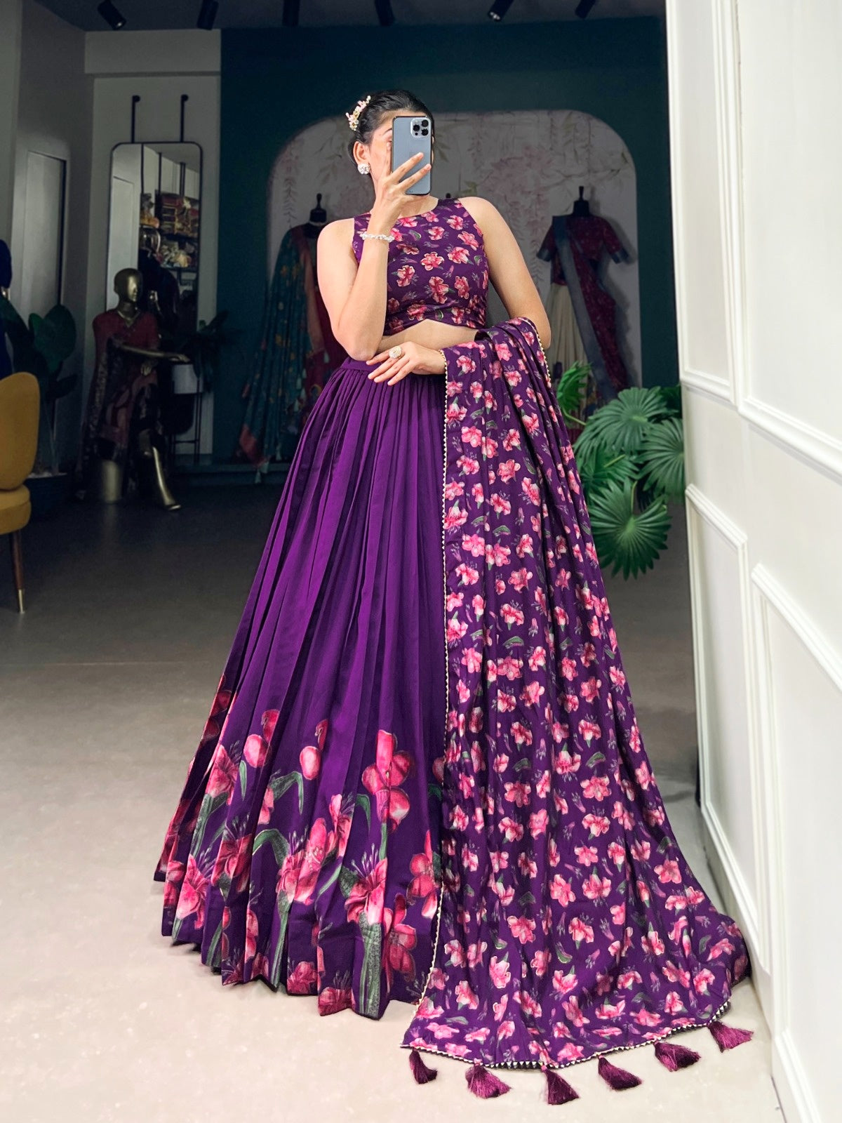 Lavender Floral Print Lehenga Choli with Foil Work | Dola Silk Designer Lehenga Set | General Store India
