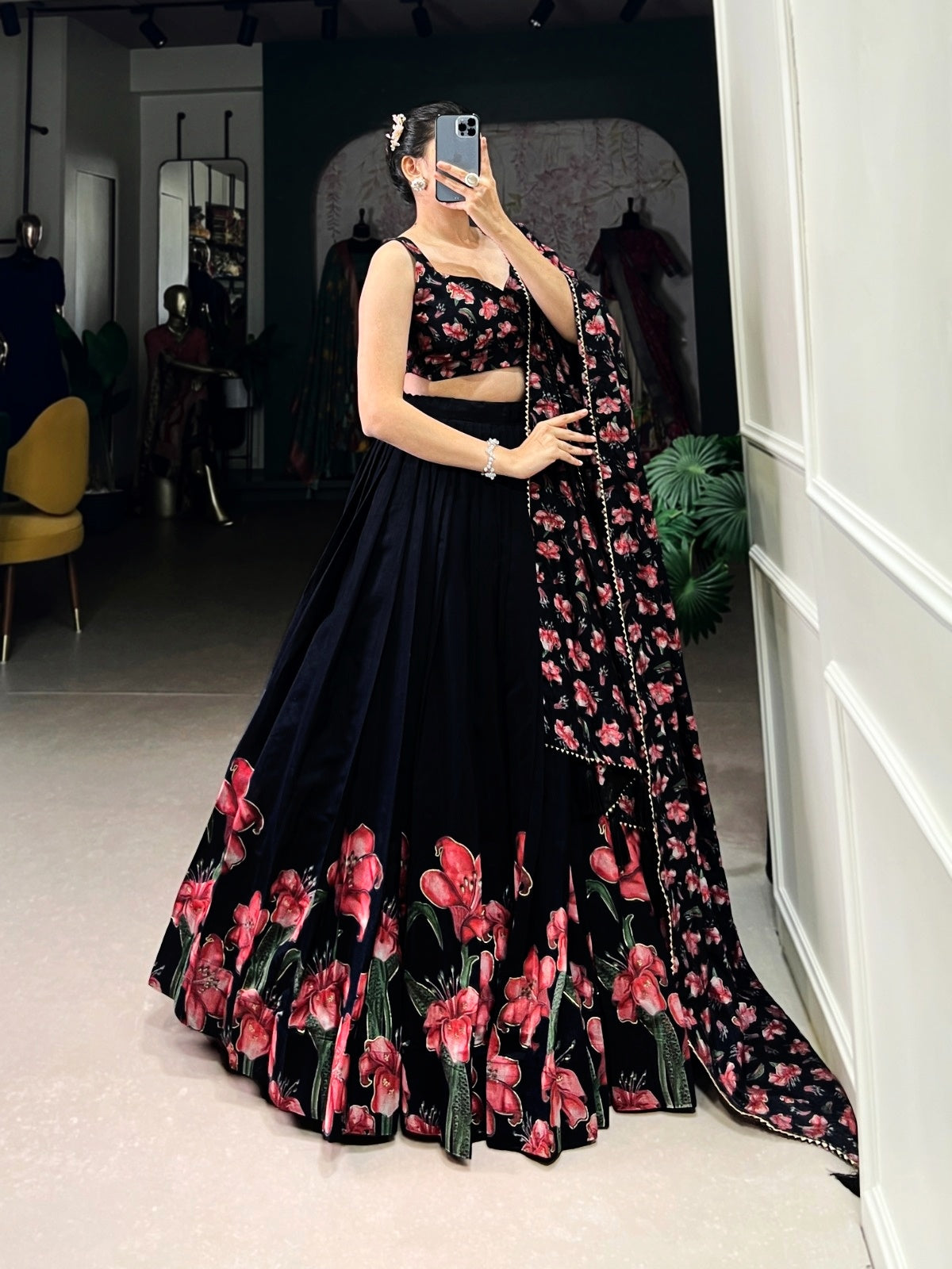 Black Floral Print Lehenga Choli with Foil Work | Dola Silk Lehenga Set for Women | General Store India