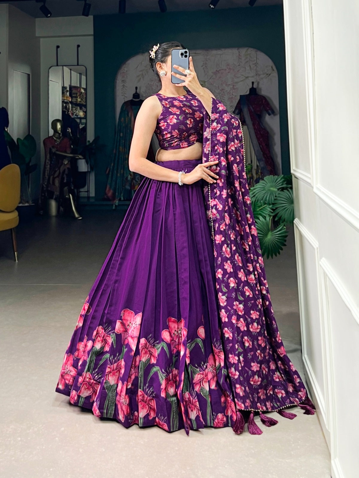 Lavender Floral Print Lehenga Choli with Foil Work | Dola Silk Designer Lehenga Set | General Store India