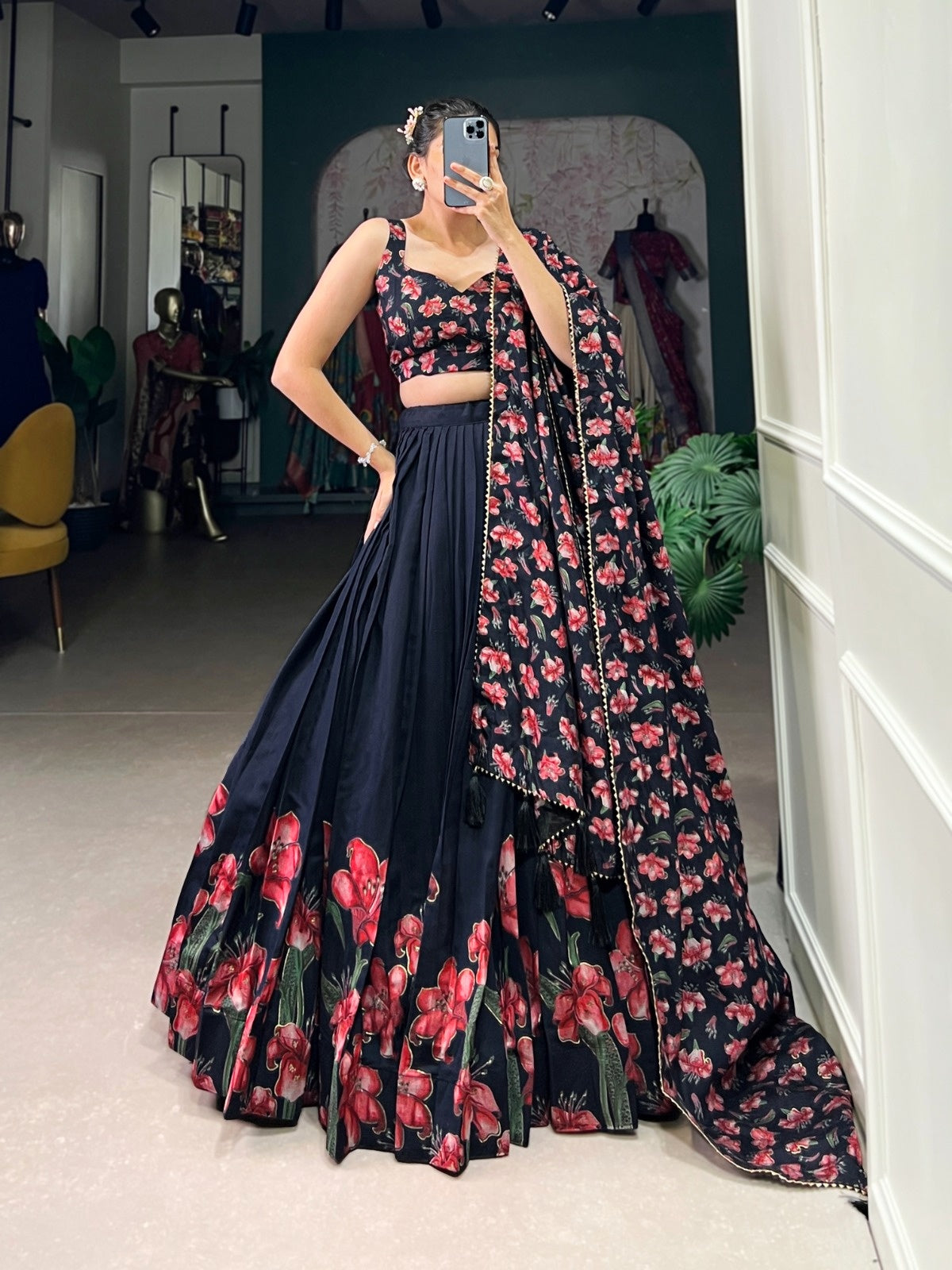 Navy Blue Floral Print Lehenga Choli with Foil Work | Dola Silk Festive Lehenga Set | General Store India