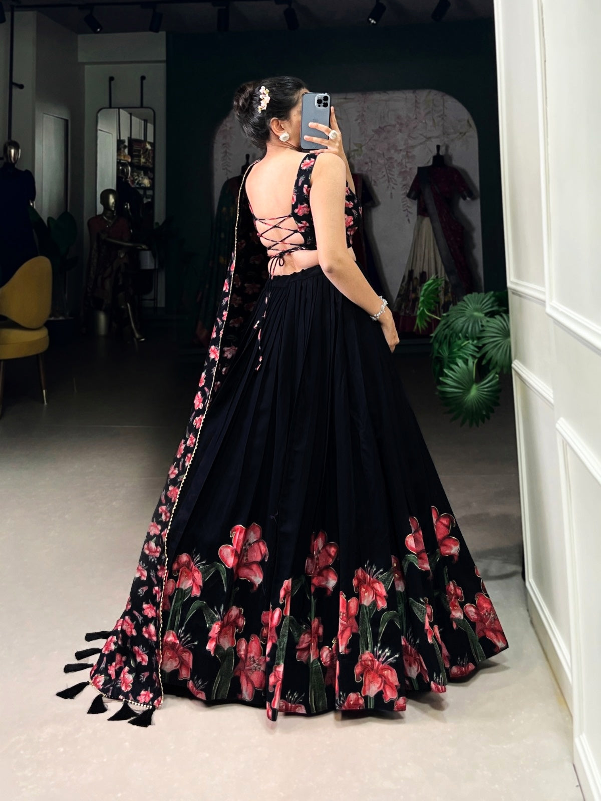 Black Floral Print Lehenga Choli with Foil Work | Dola Silk Lehenga Set for Women | General Store India
