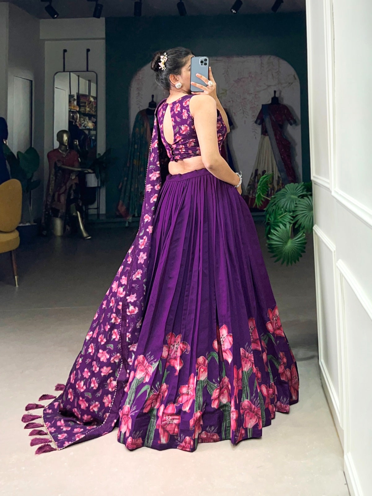 Lavender Floral Print Lehenga Choli with Foil Work | Dola Silk Designer Lehenga Set | General Store India