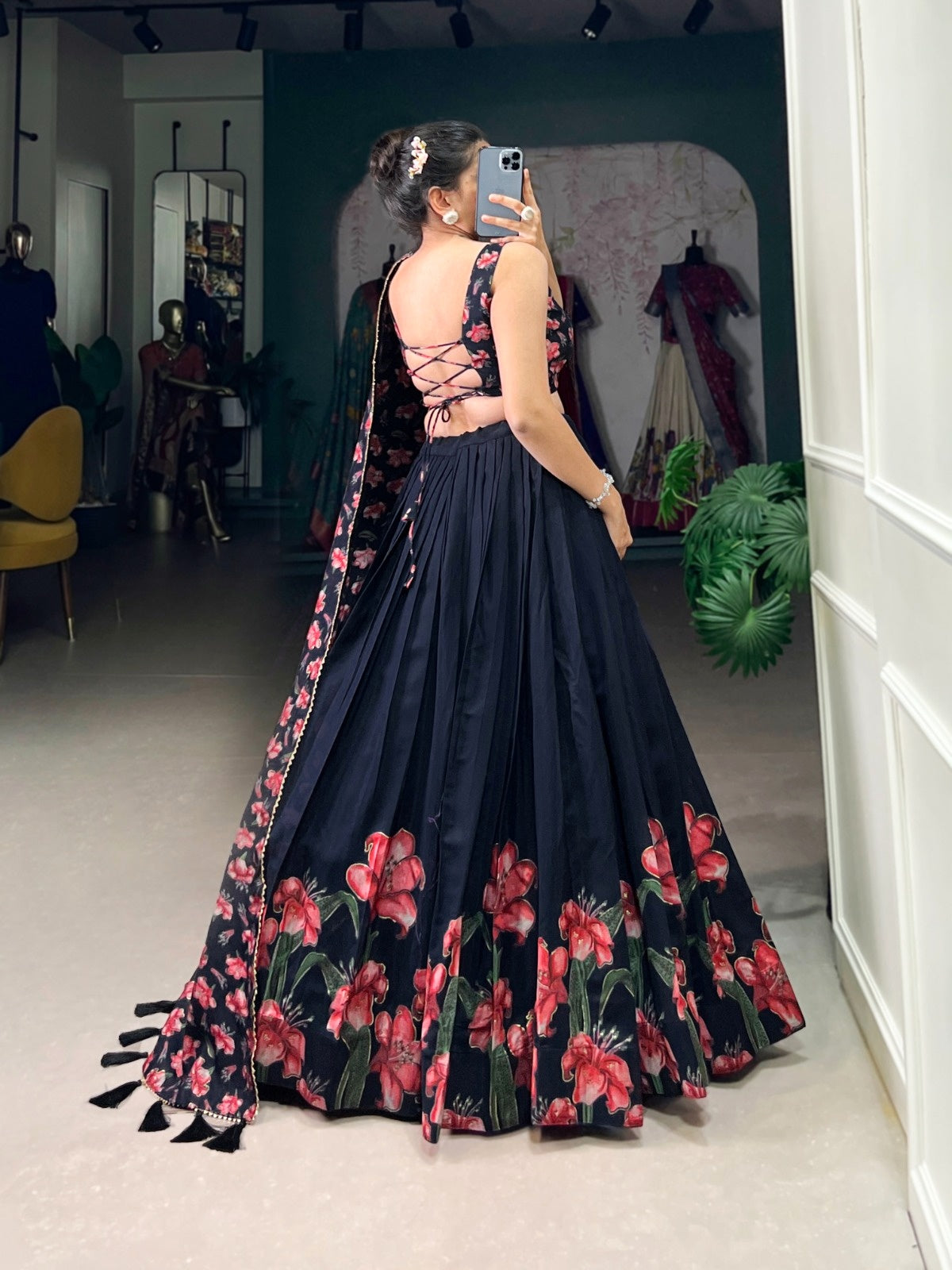 Navy Blue Floral Print Lehenga Choli with Foil Work | Dola Silk Festive Lehenga Set | General Store India