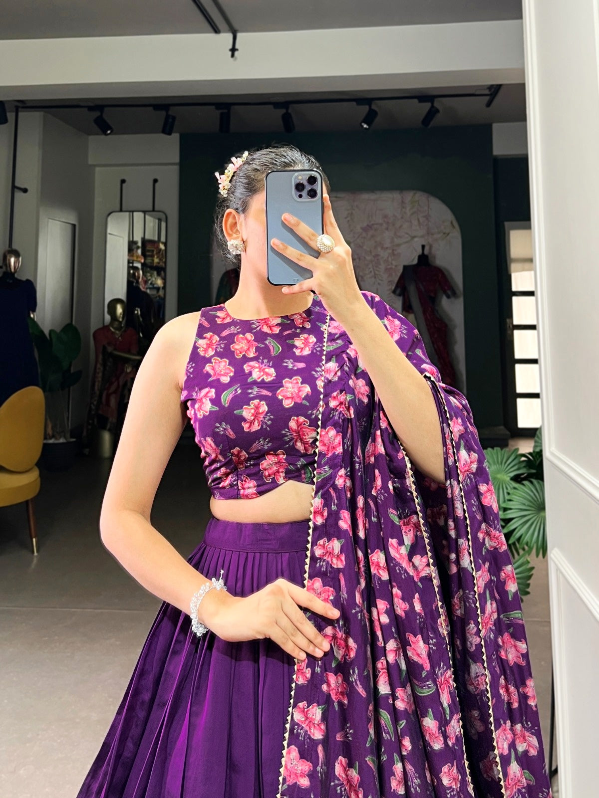 Lavender Floral Print Lehenga Choli with Foil Work | Dola Silk Designer Lehenga Set | General Store India