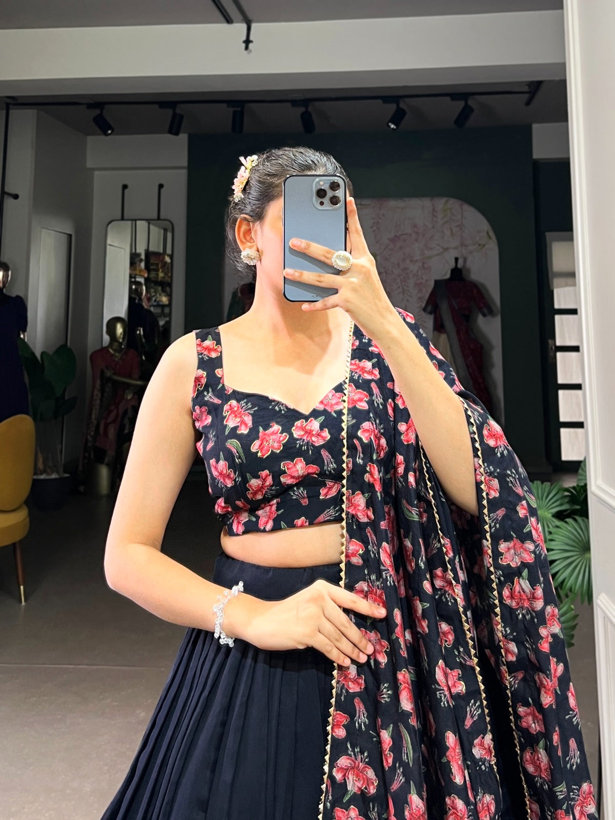 Navy Blue Floral Print Lehenga Choli with Foil Work | Dola Silk Festive Lehenga Set | General Store India
