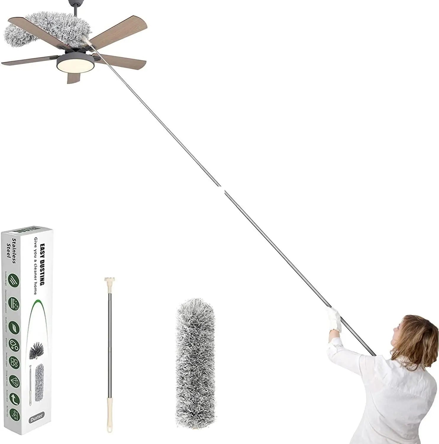 Microfiber Duster with Telescopic Extension Pole | Bendable Long Handle Ceiling Fan, Cobweb & Home Cleaning Duster Brush