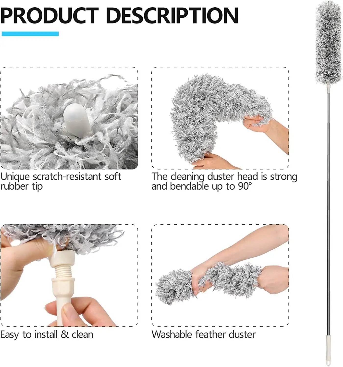 Microfiber Duster with Telescopic Extension Pole | Bendable Long Handle Ceiling Fan, Cobweb & Home Cleaning Duster Brush