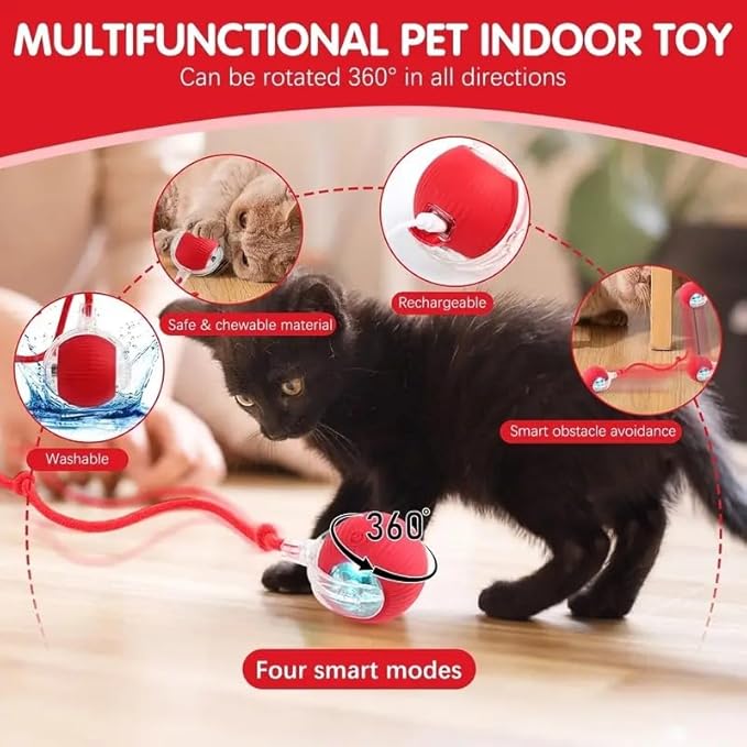 USB Rechargeable Interactive Cat Toy Ball with Tail & Bird Sound | Automatic Rolling Smart Cat Toy for Indoor Cats & Dogs | Chew Ball Pet Exercise Toy | General Store India