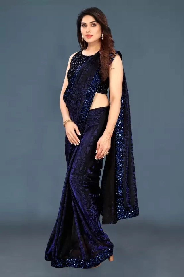 Lycra Blend Solid Saree for Women (6.3m) | Navy Blue, Black, Maroon, Bottle Green Stretchable Saree | General Store India