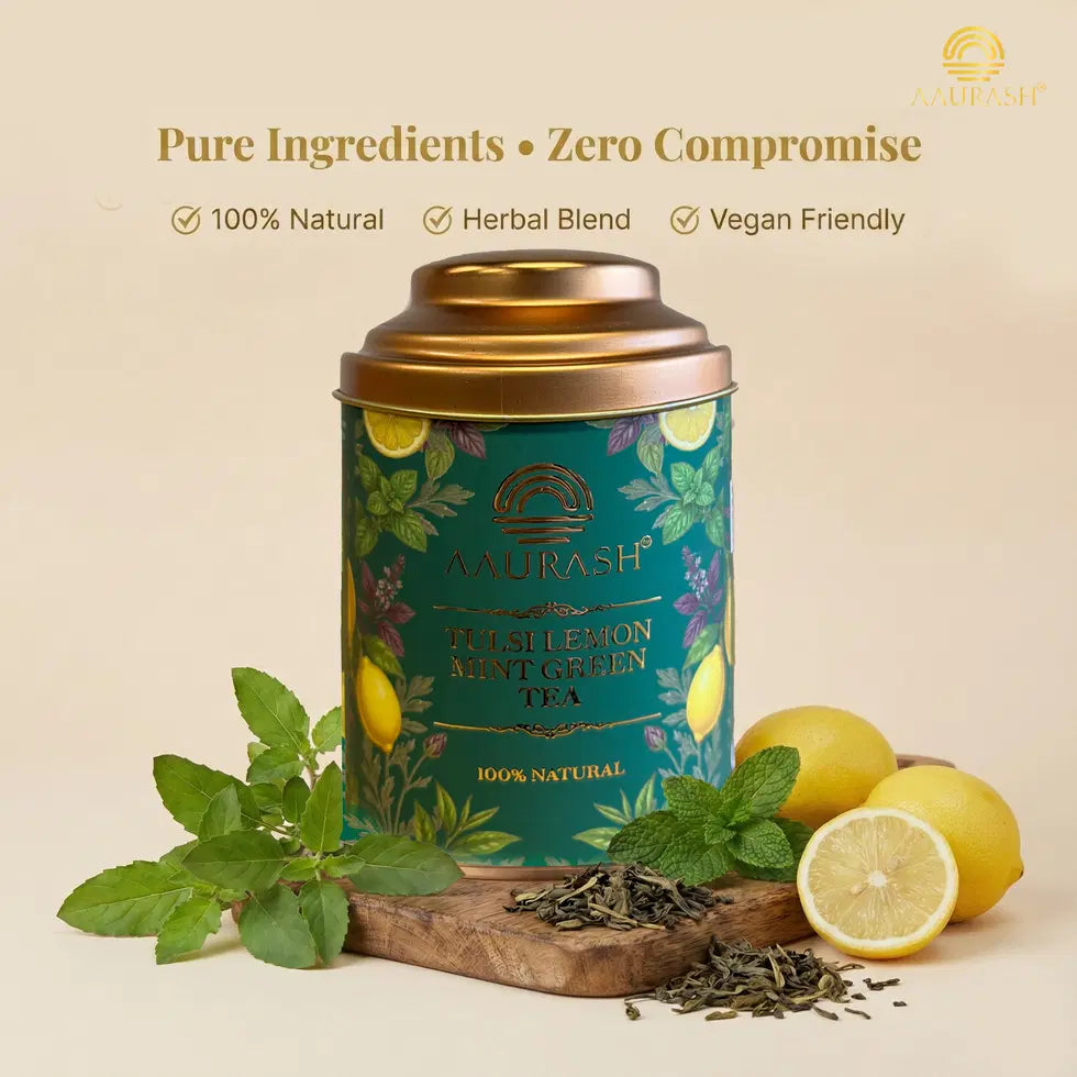 Aaurash Tulsi Lemon Mint Green Tea | Lemon Mint Flavor | Refreshing Blend | Loose Tea Tulsi Herbal Tea Tin (60 g)