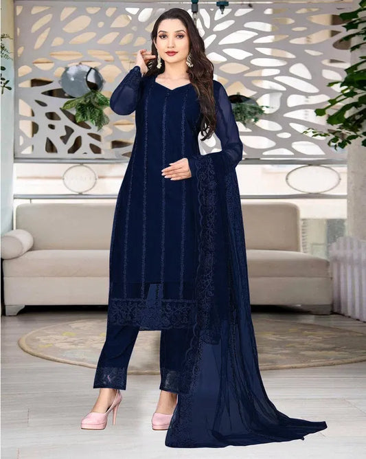 Women Dark Blue Kurta Set with Dupatta & Bottomwear | Embroidered Ethnic Suit Set | General Store India