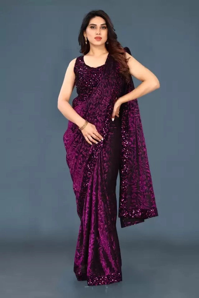 Lycra Blend Solid Saree for Women (6.3m) | Navy Blue, Black, Maroon, Bottle Green Stretchable Saree | General Store India