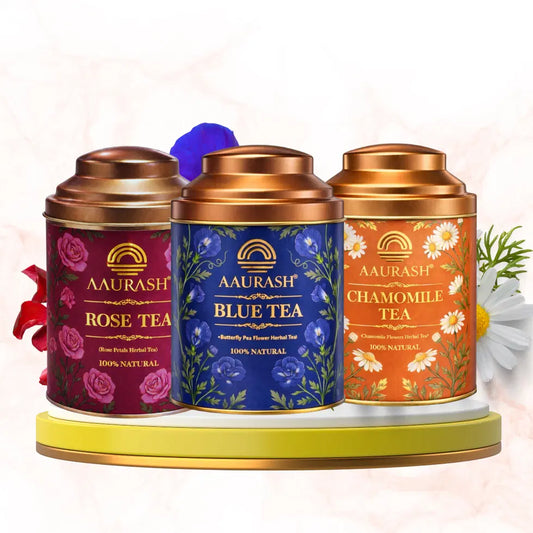 Aaurash Chamomile Tea, Blue Tea & Rose Tea Combo | 100% Natural Flower Tea | Caffeine-Free Herbal Tea | Supports Relaxation, Better Sleep & Skin Health | Rich in Antioxidants