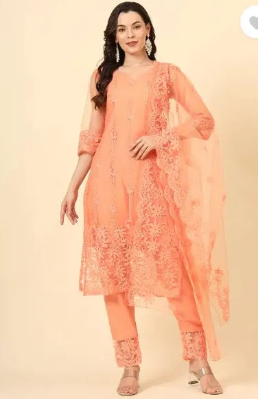 Women Peach Kurta Set with Dupatta & Bottomwear | Embroidered Ethnic Suit Set | General Store India