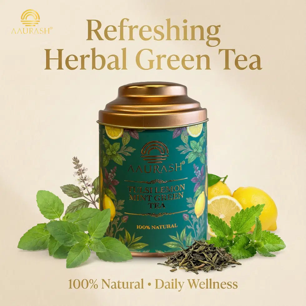 Aaurash Tulsi Lemon Mint Green Tea | Lemon Mint Flavor | Refreshing Blend | Loose Tea Tulsi Herbal Tea Tin (60 g)