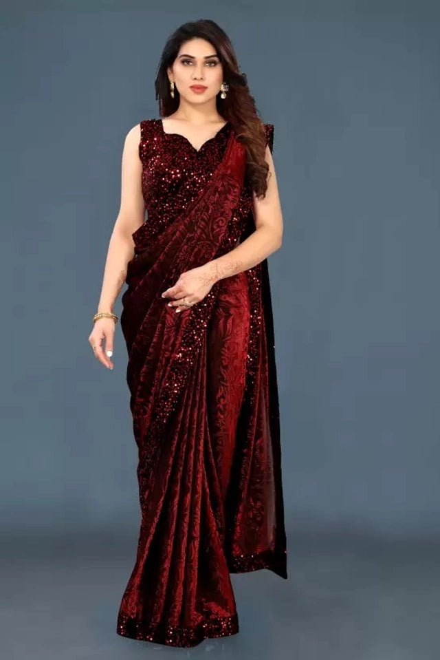 Lycra Blend Solid Saree for Women (6.3m) | Navy Blue, Black, Maroon, Bottle Green Stretchable Saree | General Store India