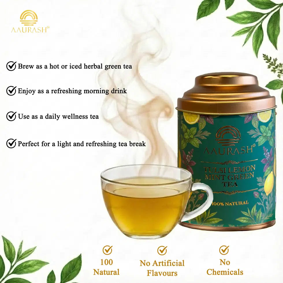 Aaurash Tulsi Lemon Mint Green Tea | Lemon Mint Flavor | Refreshing Blend | Loose Tea Tulsi Herbal Tea Tin (60 g)