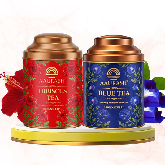 Aaurash Hibiscus Tea & Blue Tea Combo | Natural Flower Tea | Supports Relaxation, Skin Glow & Detox | Caffeine-Free Herbal Tea | Rich in Antioxidants