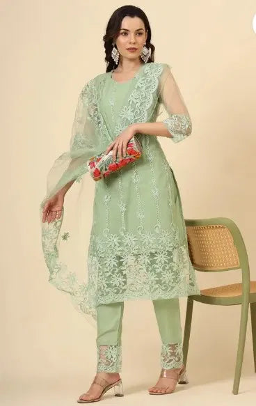 Women Mint Green Kurta Set with Dupatta & Bottomwear | Embroidered Ethnic Suit Set | General Store India