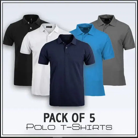 Pack of 5 Men’s Polo T-Shirts Combo | Premium Solid Color Polo Neck Half Sleeve Cotton Blend T-Shirts for Men | Casual Multicolor Pack