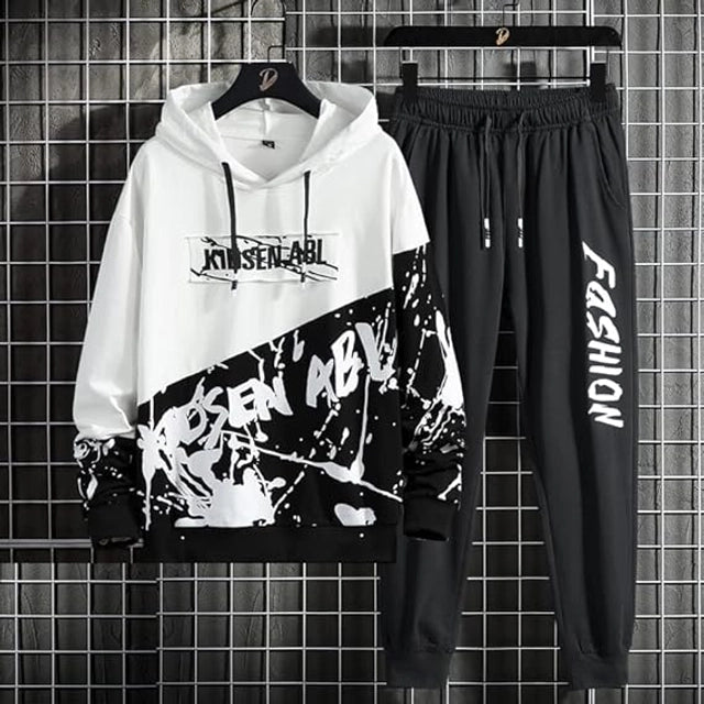 Fleece Printed Tracksuit for Men Black & White | Stylish Hooded Winter Jogger Set Online India
