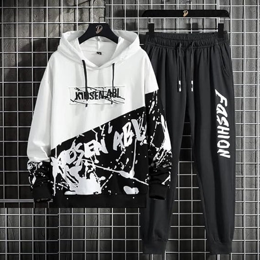Fleece Printed Tracksuit for Men Black & White | Stylish Hooded Winter Jogger Set Online India
