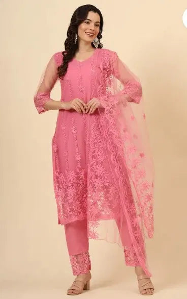 Women Pink Kurta Set with Dupatta & Bottomwear | Embroidered Ethnic Suit Set | General Store India