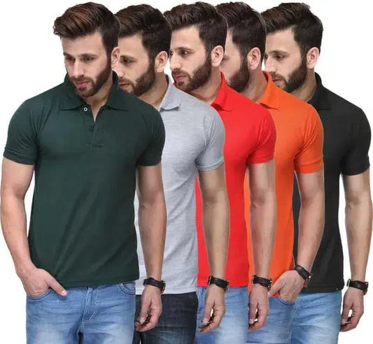 Pack of 5 Men’s Polo T-Shirts Combo | Solid Color Half Sleeve Polo Neck Cotton Blend T-Shirts for Men | Multicolor Casual Fashion Pack